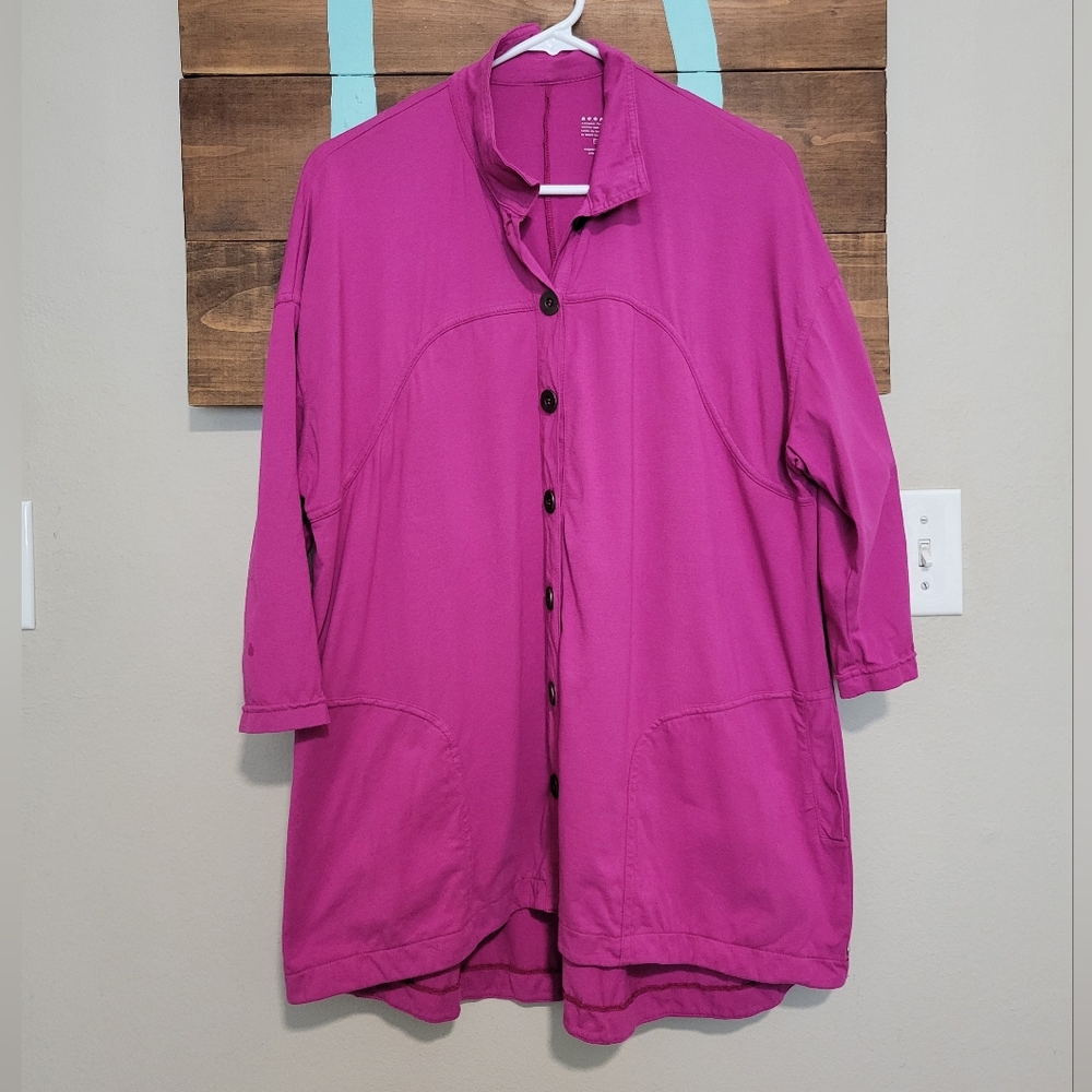Neon Buddha Fuchsia Button-Down Jersey Knit 3/4 Sleeve High Low Shirt Cardigan L
